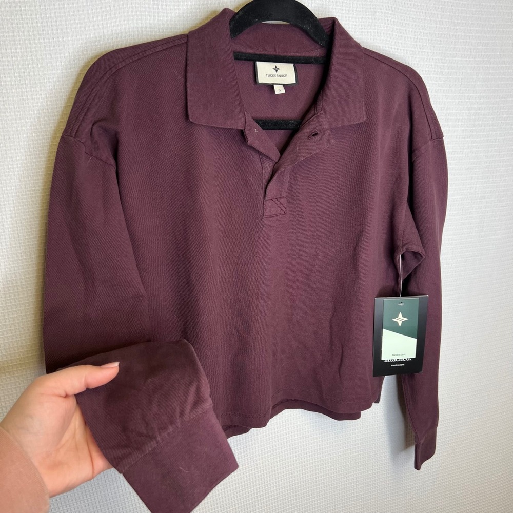 Tuckernuck Winetasting Burgundy Cotton Cropped Long Sleeve Polo Shirt Small NEW